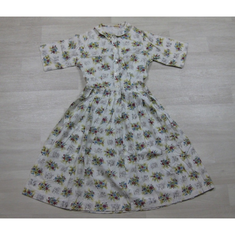 Vintage 50s Shirtwaist Day Dress (XS) Cotton Novelty Print Floral Landscape